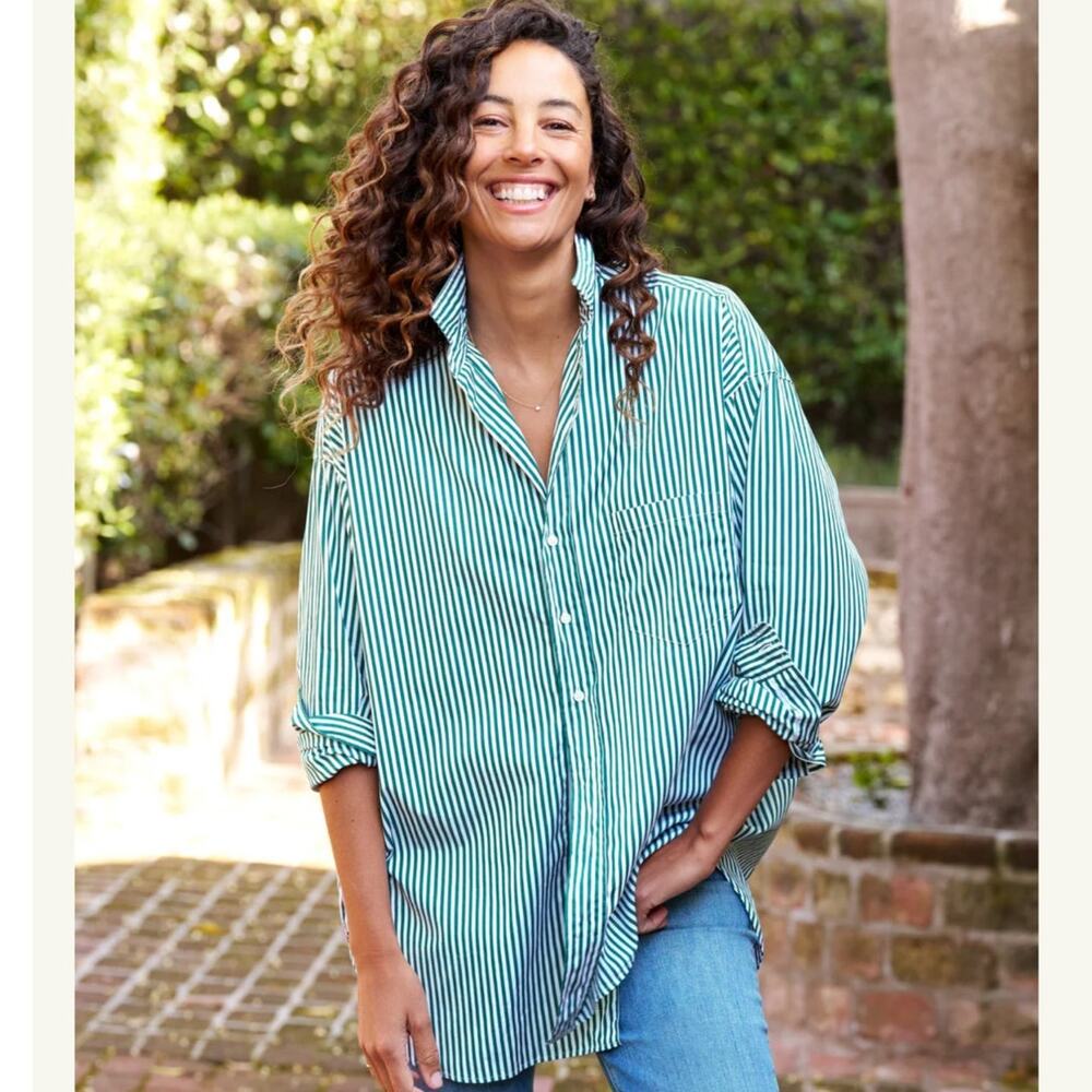 Frank‎ & Eileen Shirley Supreluxe Italian Cotton Green Stripe Oversized Shirt XL